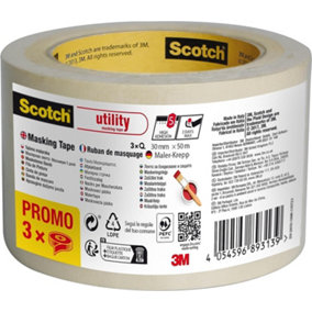 Scotch Utility Masking Tape, 30 mm x 50m,  3 ROLL PROMO PACK