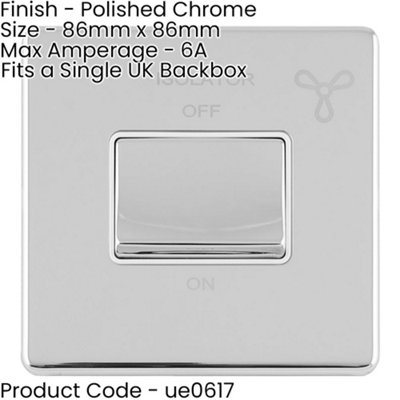 SCREWLESS 6A Extractor Fan Isolator Switch POLISHED CHROME 3 Pole Shower Plate