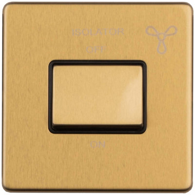 SCREWLESS 6A Extractor Fan Isolator Switch SATIN BRASS 3 Pole Shower Plate