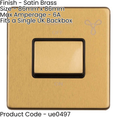 SCREWLESS 6A Extractor Fan Isolator Switch SATIN BRASS 3 Pole Shower Plate
