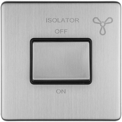 SCREWLESS 6A Extractor Fan Isolator Switch SATIN STEEL 3 Pole Shower
