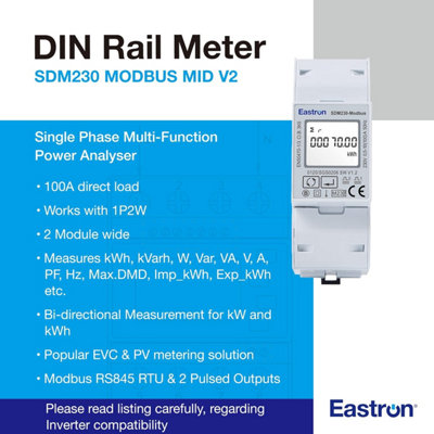 SDM230 Modbus RS485 Single Phase 100A kWh Energy Meter DIN Rail Power ...