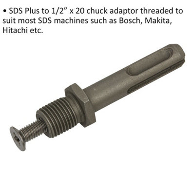 SDS Plus to 1/2" x 20 Threaded Chuck Adapter Bosch Makita Hitachi Converter Bit