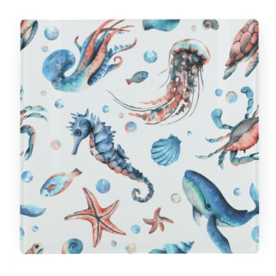 Sea Animals Art Square Glass Worktop Protector Gift - Smooth Board Kitchen Chopping Board with Non-Slip Feet