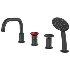 Sea-Horse 4-Hole Standing Bath Mixer Tap Sink Faucet Black Finishing Industrial Red Handle