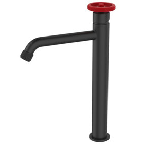 Sea-Horse Tall Basin Mixer Tap Sink Faucet Black Finishing Red Handle Industrial Design