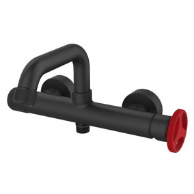 Sea-Horse Wallmounted Bath Mixer Tap Sink Faucet Black Finishing Industrial Red Handle