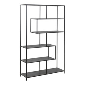 Seaford Black Metal Large Asymmetrical Bookcase with 5 Black Shelves