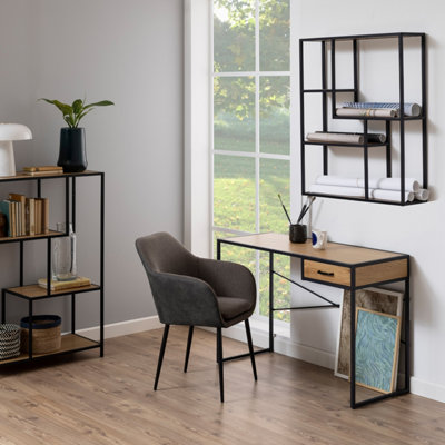 Seaford Black Metal Wide Wall Shelf with 3 Additional Oak Shelves