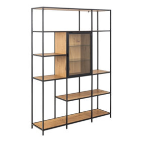 Seaford Bookcase with 7 Shelves and Glass Front Display in Black and Oak