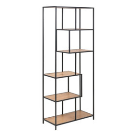 Seaford Tall Black Metal Bookcase with 5 Oak Shelves