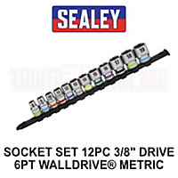 Sealey 12pc 3/8" Sq Drive Socket Set 6pt WallDrive Metric 8 - 19mm - AK2660