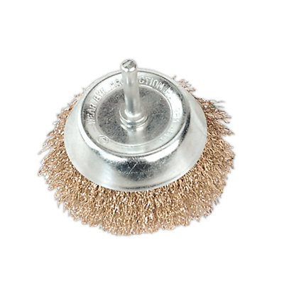 Sealey 75mm Wire Cup Brush With Diameter 6mm Shaft Crimped Brassed Steel Filaments SCB75