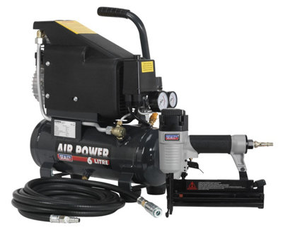 Sealey Air Nail/Staple Gun Kit including Air Compressor, Hose & Nailer/Stapler SAC0610EKIT