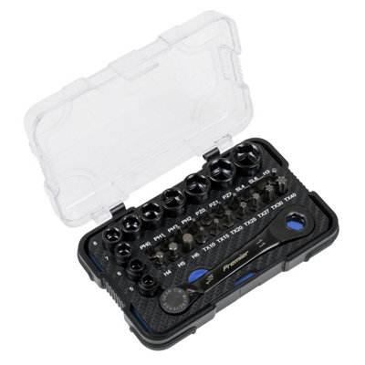 Sealey AK2112 Premier Black Go-Through Lock-On Low Profile Socket & Bit Set 1/4"Sq Drive 31pc