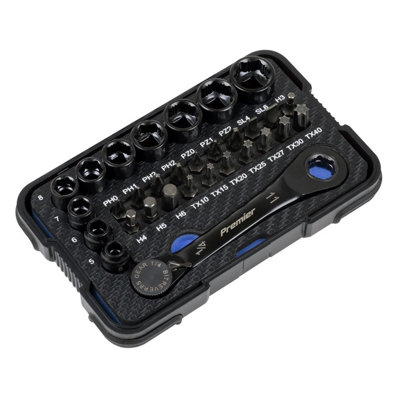 Sealey AK2112 Premier Black Go-Through Lock-On Low Profile Socket & Bit Set 1/4"Sq Drive 31pc