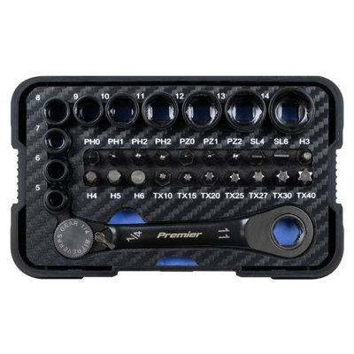 Sealey AK2112 Premier Black Go-Through Lock-On Low Profile Socket & Bit Set 1/4"Sq Drive 31pc