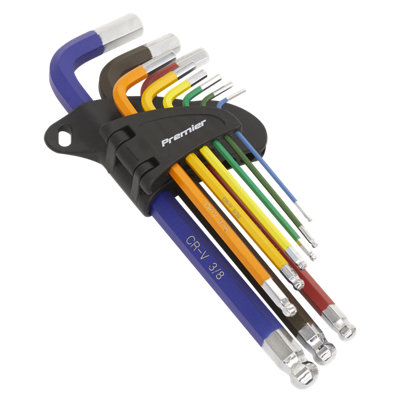 Sealey Ball End Hex Key Set 9 Pieces Long Colour Coded Imperial Hand Tool AK7197