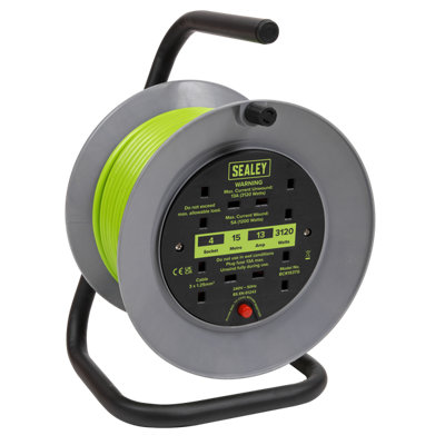 Sealey Cable Reel With Thermal Trip 4x 230V 15m Portable Durable Green BCR153TG
