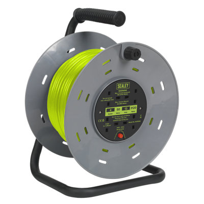 Sealey Cable Reel With Thermal Trip 4x 230V Sockets 50m Portable Durable Green