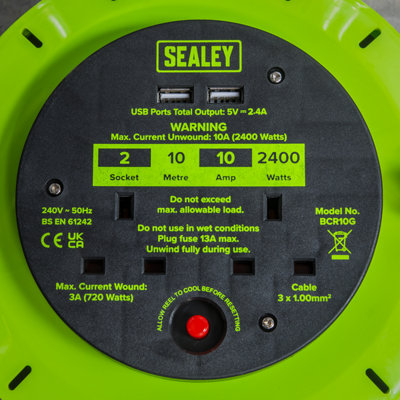SEALEY CASSETTE TYPE CABLE REEL GREEN WITH THERMAL TRIP 2X 230V 2X USB 10M