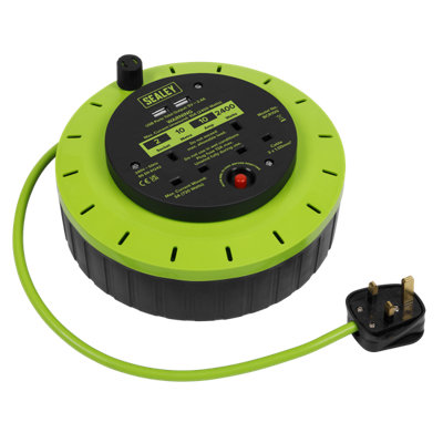 SEALEY CASSETTE TYPE CABLE REEL GREEN WITH THERMAL TRIP 2X 230V 2X USB 10M