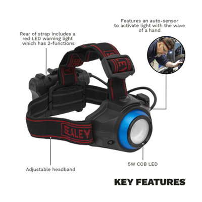 Sealey Head Torch 5W COB LED Auto Sensor Hands Free Flash Light HT111LED