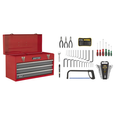 Sealey Portable Tool Chest With 3 Drawers 74 Pieces Tool Kit Red AP9243BBCOMBO