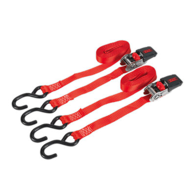 Sealey Ratchet Tie Down 25mm 4m Polyester Webbing S Hooks 800kg Pair TD284SD