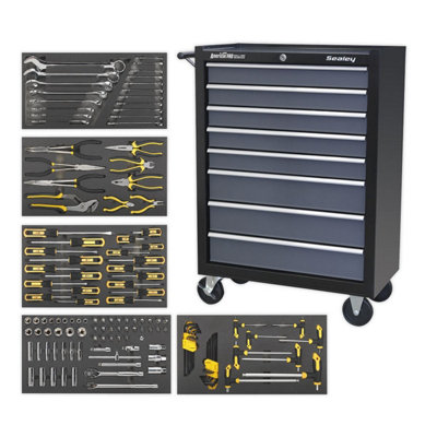 Sealey Rollcab 8 Drawer with Ball-Bearing Slides - Black/Grey & 136pc Tool Kit AP35TBCOMBO3