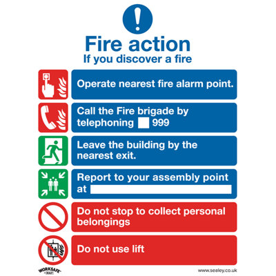 Sealey Safe Conditions Safety Sign Fire Action With Lift Rigid Plastic SS19P1