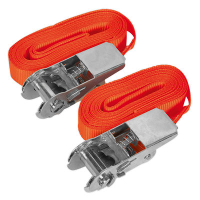 Sealey Self-Securing Ratchet Tie Down 25mm 4.5m 500kg - Orange Pair TD05045E