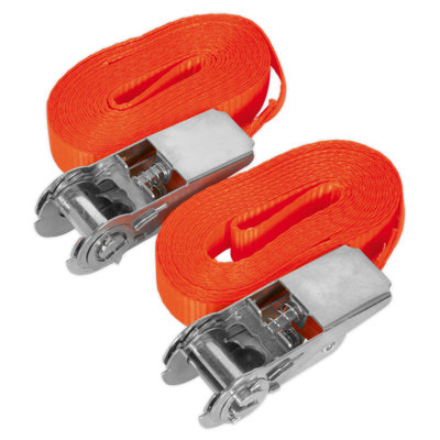 Sealey Self-Securing Ratchet Tie Down 25mm 4.5m 800kg - Orange Pair TD08045E