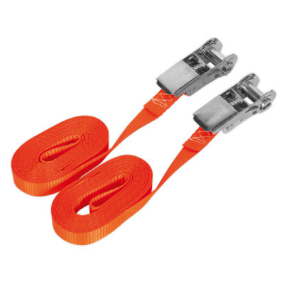 Sealey Self-Securing Ratchet Tie Down 25mm 4.5m 800kg - Orange Pair TD08045E