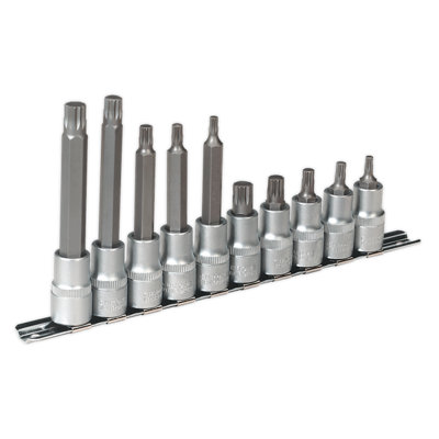 Sealey Spline Socket Bit Set Chrome Vanadium Steel 10pc 1/2" Square Drive AK6215