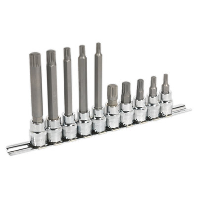 Sealey Spline Socket Bit Set Polished Finish 10 Pieces 3/8" Square Drive AK6216