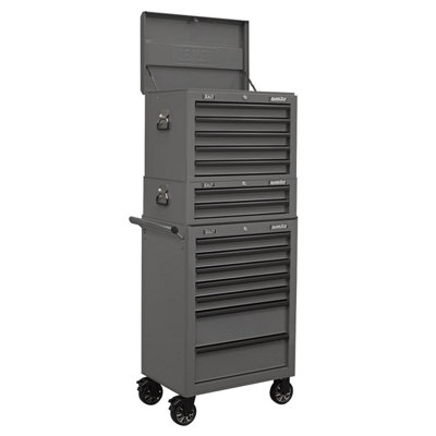 Sealey Topchest, Mid-Box & Rollcab Combination 14 Drawer with Ball-Bearing Slides - Grey APSTACKTGR