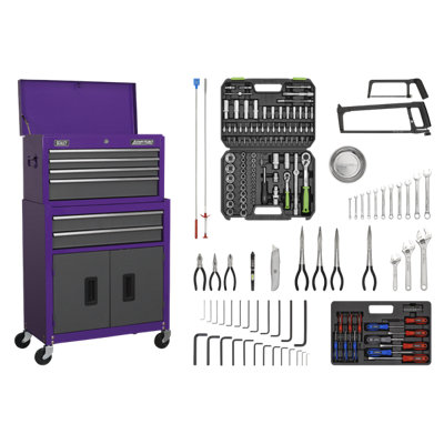 Sealey Topchest Rollcab Combo 6 Drawers Purple/Grey 128Pc Tool Kit AP2200COMBOCP