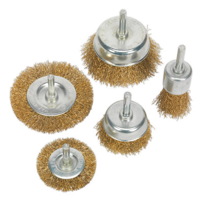 Sealey Wire Brush Set 5 Pcs Crimped Brassed Steel Filaments Shaft: Diameter 6mm BWBS05