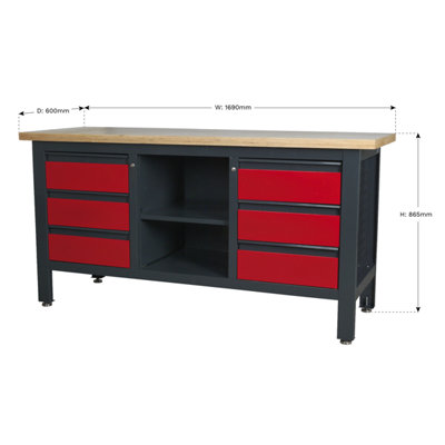 Sealey Work Station 6 Drawers & Open Storage 300kg Capacity Heavy Duty AP1905D