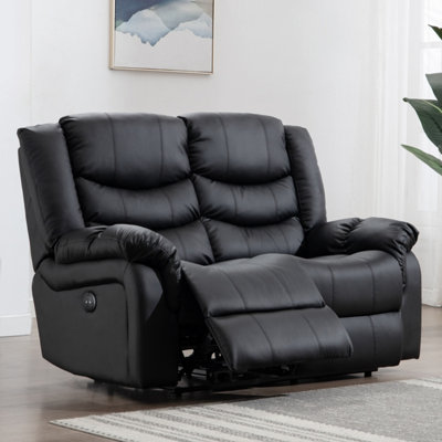 Seattle Electric High Back Bonded Leather Recliner 2 Seater Sofa (Black)