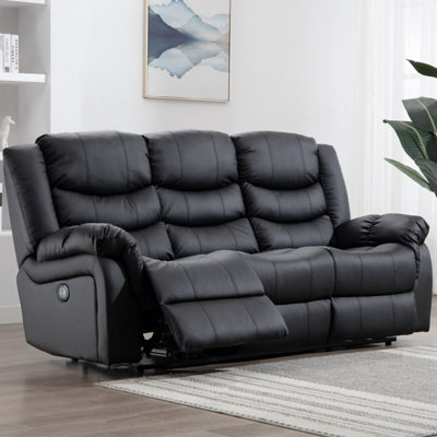 Seattle Electric High Back Bonded Leather Recliner 3 Seater Sofa (Black)
