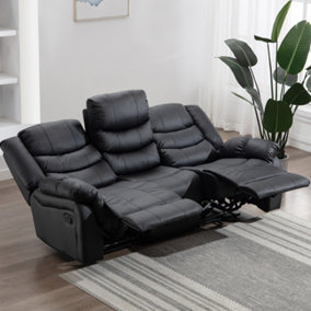 SEATTLE MANUAL HIGH BACK BONDED LEATHER RECLINER 3 SEATER SOFA (Black)