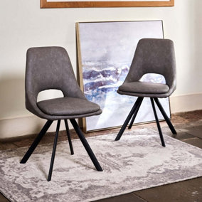 Sebastian Faux Leather Dining Chair- Grey (Set of 2) with Angled Black Metal Legs Padded Seat Back Gap