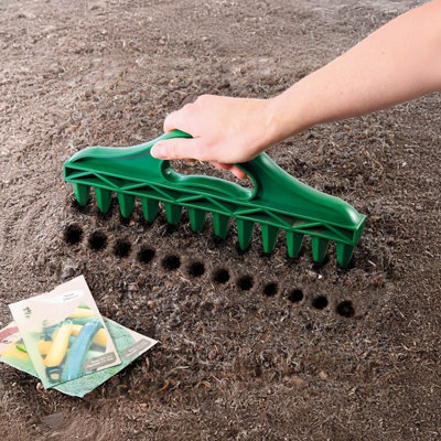 Seed Hole Dibber with 12 prongs for accurate planting depth and spacing, easy-to-use grab handle. H13 x L30cm