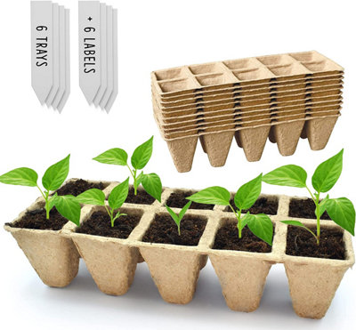 Seed Trays - 10 Cell x 6 Pack Biodegradable Plant Germination Trays with Labels for Seedlings & Transplanting