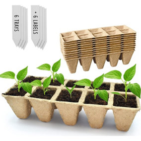 Seed Trays - 10 Cell x 6 Pack Biodegradable Plant Germination Trays with Labels for Seedlings & Transplanting