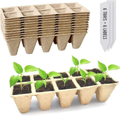 Seed Trays - 6 Pack of 10 Cell Biodegradable Seed Starter Trays for Seedlings, Cuttings, Germination & Transplanting