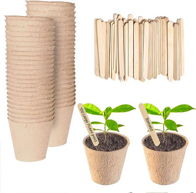 Seedling Pot Biodegradable with Wooden Labels 8cm Cardboard Round Plant Pots Pack of 100