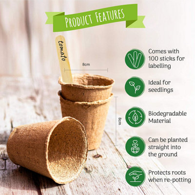 Seedling Pot Biodegradable with Wooden Labels 8cm Cardboard Round Plant Pots Pack of 100